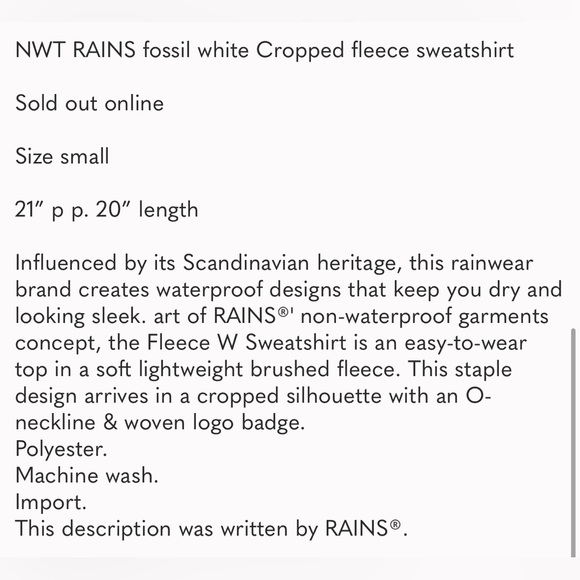 134. NWT RAINS fossil white fleece cropped sweatshirt size small - Picture 6 of 6
